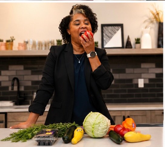 KaTrina Samuels-Garrison, RD, with fresh produce